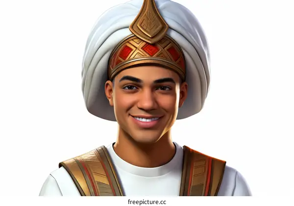 An illustration of an Arabian man wearing a white turban with red and gold decorations and a white shirt with gold decorations.