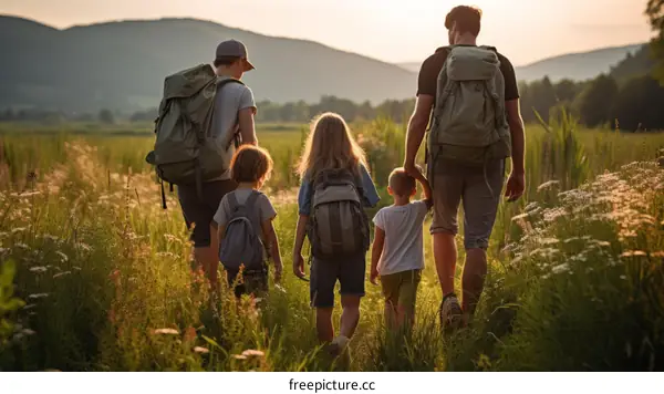 Family of five hiking in a field of tall grass