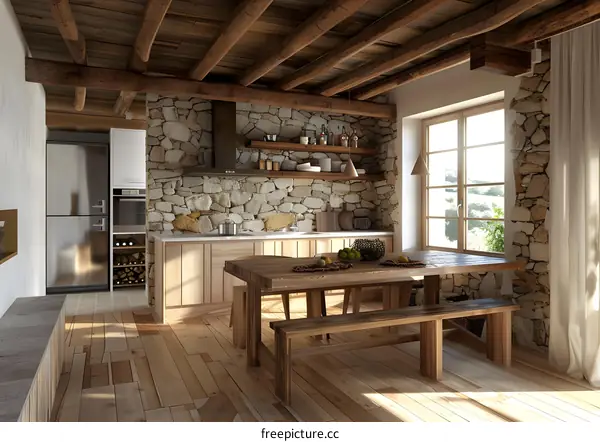 Rustic Kitchen Interior Design With Wooden Beams