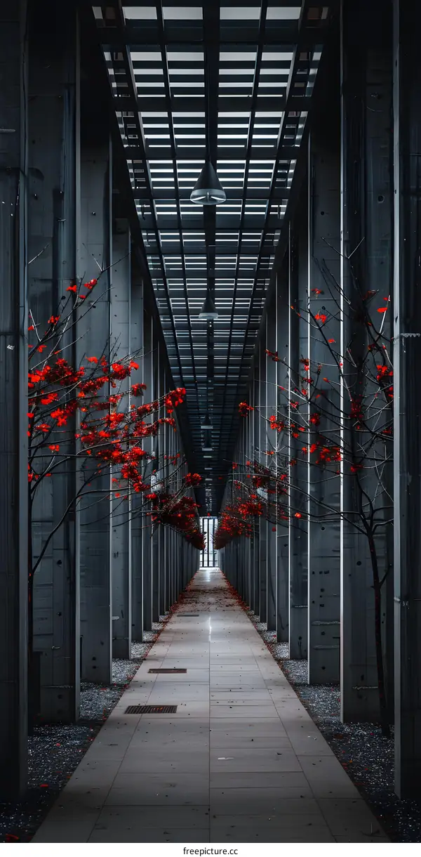 Gray Concrete Building with Red Fall Leaves