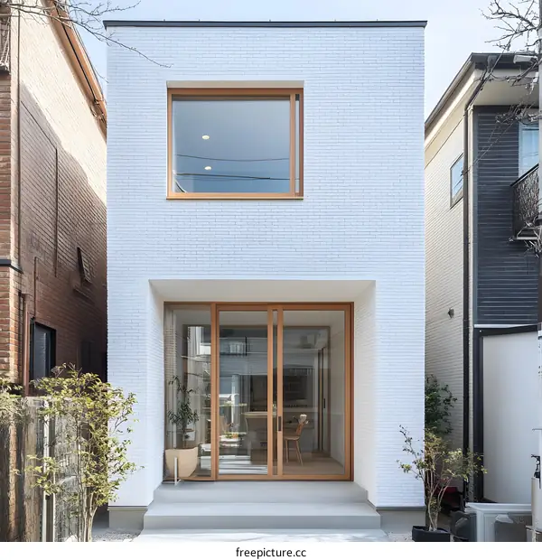 Minimalist White Brick House with Wooden Doors and Windows