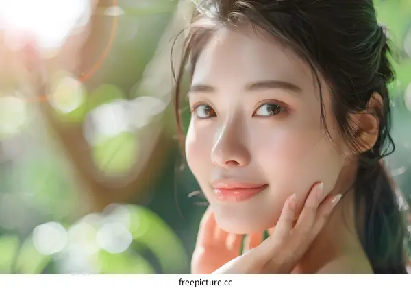 Portrait of Asian Woman with Green Bokeh Background