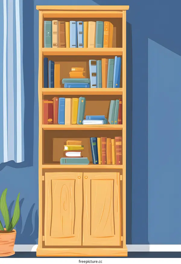 Cartoon Illustration Of A Wooden Bookshelf With Many Books