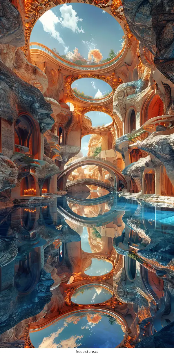 Fantasy alien structure over blue water with a bridge connecting two sides