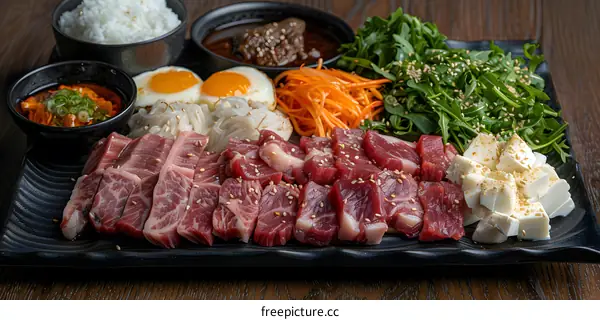 Raw beef slices platter with side dishes
