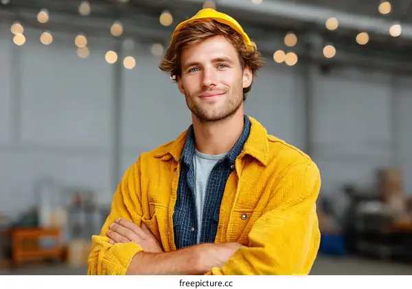 Confident Caucasian Male Construction Worker in Yellow Hard Hat