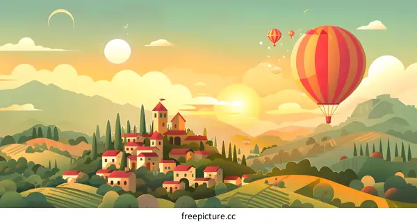 Sunset Hot Air Balloon Above a Village Landscape