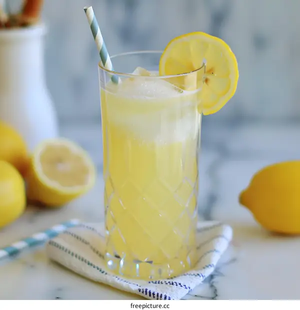 Refreshing Summer Lemonade With Lemon Slice and Straw