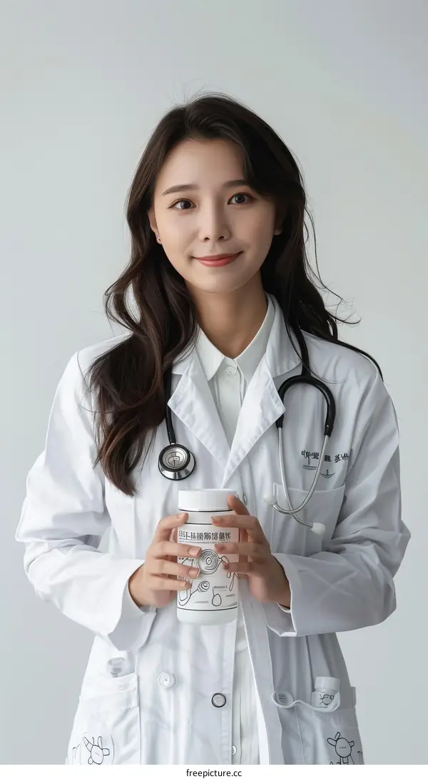 A female doctor in a white coat is holding a bottle of medicine