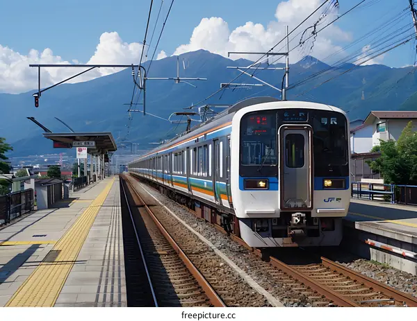 Japanese Train Station Platform with Mountain View