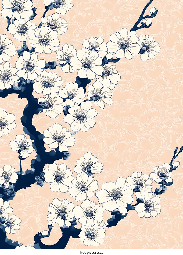 White Cherry Blossom Branch Art Illustration On Pink Background