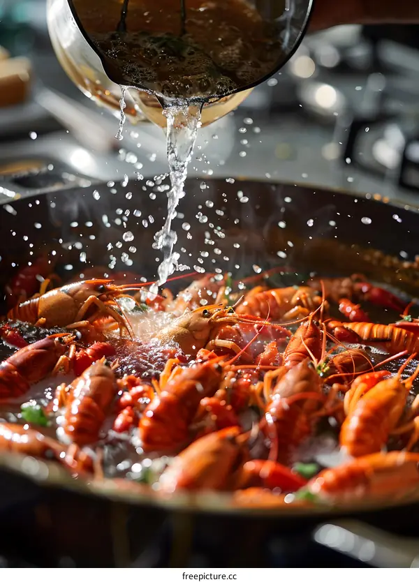 Cooking crayfish in a frying pan