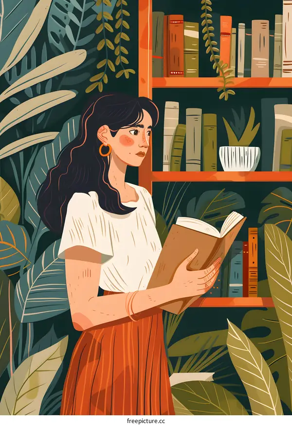 Woman Reading Book in a Library Surrounded by Plants