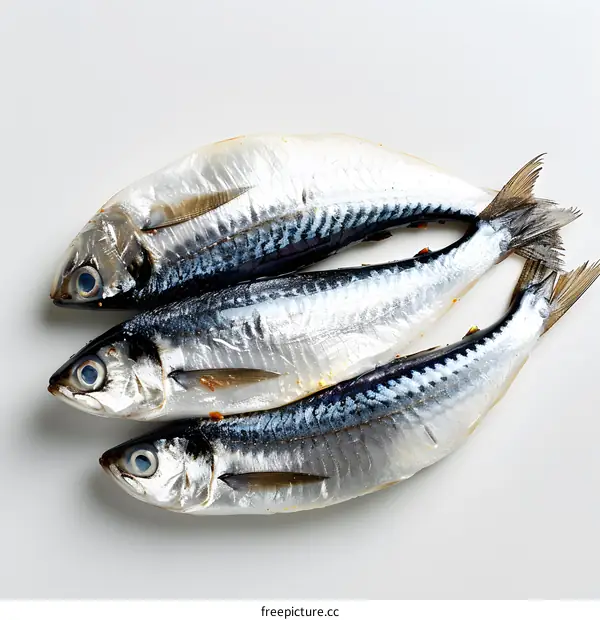 Three mackerel fish on a white background