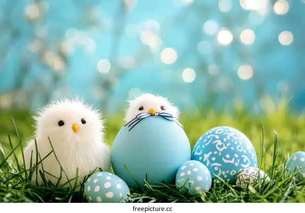 Adorable Easter Chick and Eggs in Grass