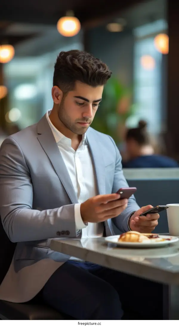 Young Middle Eastern man in suit jacket using two smartphones in cafe