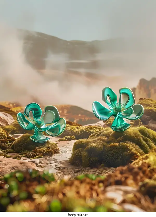 Glass Flowers on Mossy Ground with Misty Mountain Background