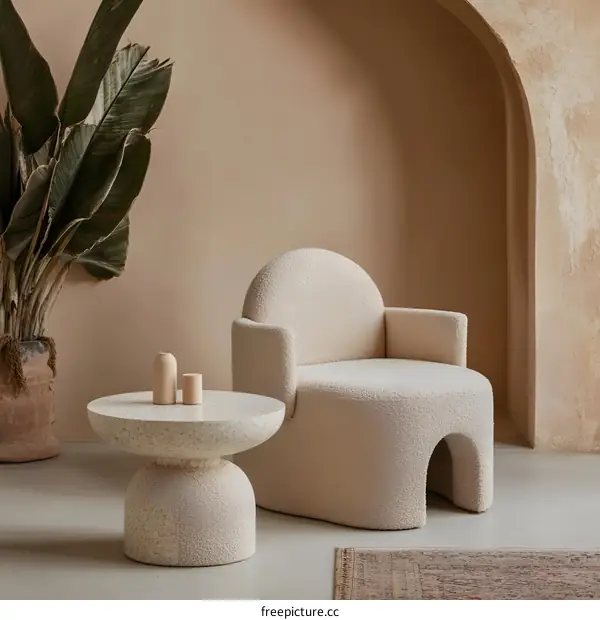 Beige Modern Chair and Table in Minimalist Interior Design
