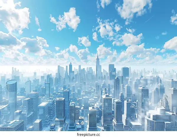 A cityscape image of a large metropolis with skyscrapers and a blue sky
