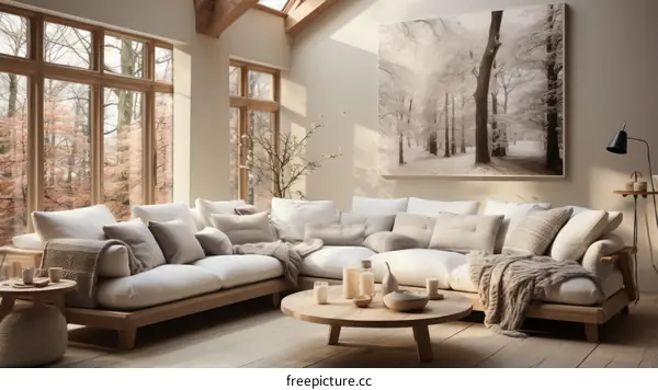 Bright living room with large windows and white sofa