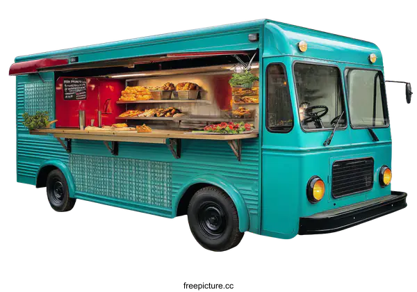 [Transparent Background PNG]Vintage Turquoise Food Truck with Bakery Display