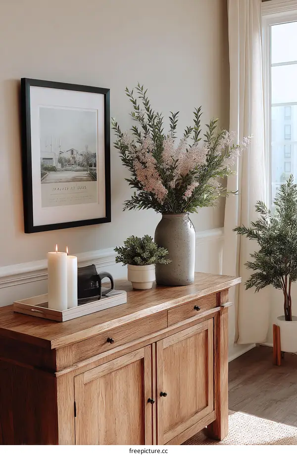 Wooden sideboard with decorative plants and framed artwork