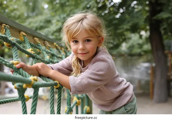 Adorable Girl Playing on Playground Equipment