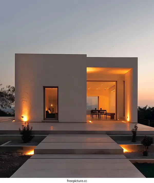Modern Minimalist House Exterior Design With Stone Steps and Landscape Lighting