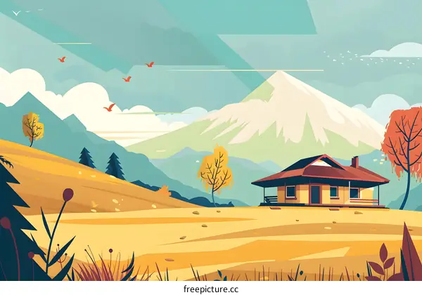 Mountain House Illustration with Yellow Field and Flying Birds