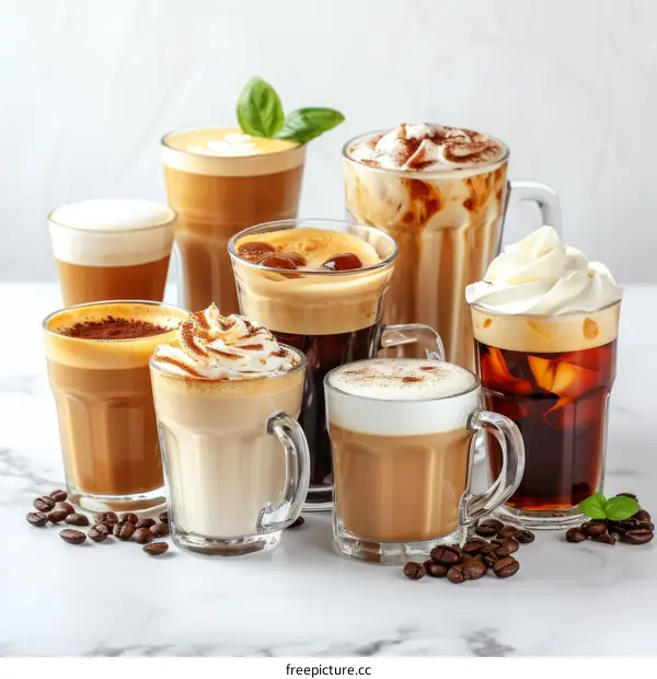 Iced and hot coffee drinks with milk and cream