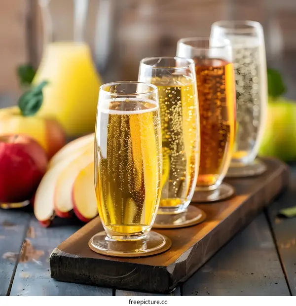 Four Glasses of Apple Cider with Apples in the Background