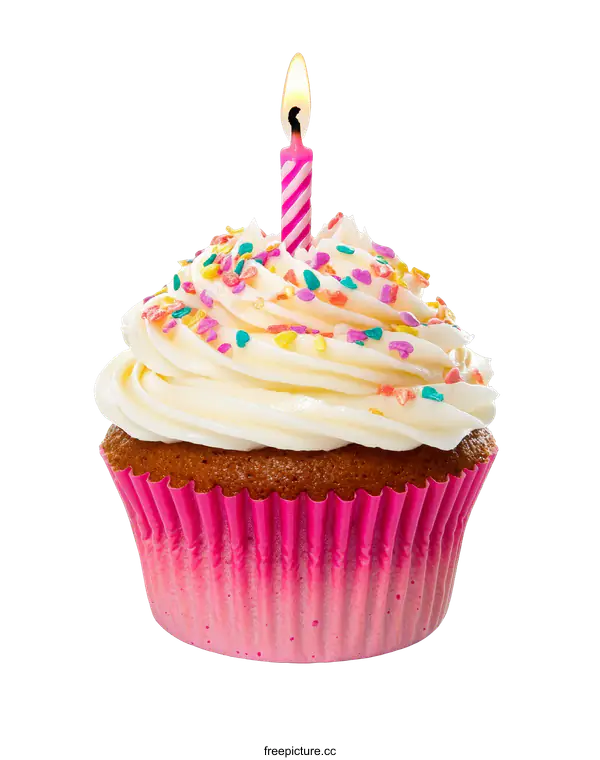 [Transparent Background PNG]Birthday Cupcake with Candle and Sprinkles