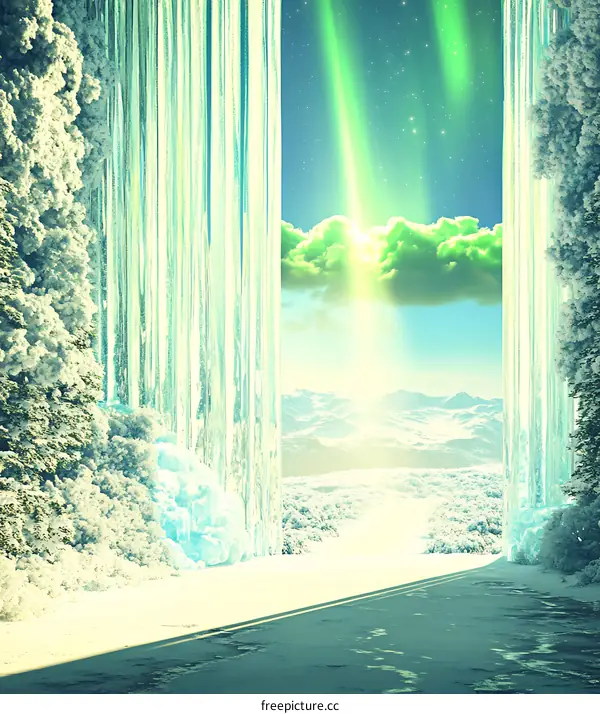 Fantasy Landscape with Frozen Waterfall and Aurora Borealis