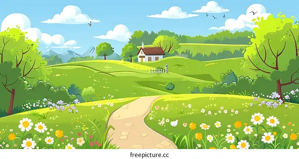 Countryside Meadow with Green Grass and Small House