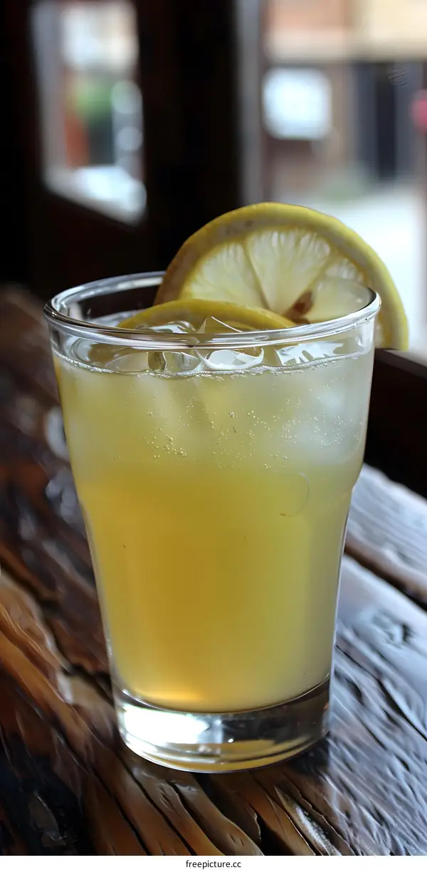 Refreshing Lemonade Drink with Lemon Slice in Glass on Wooden Table