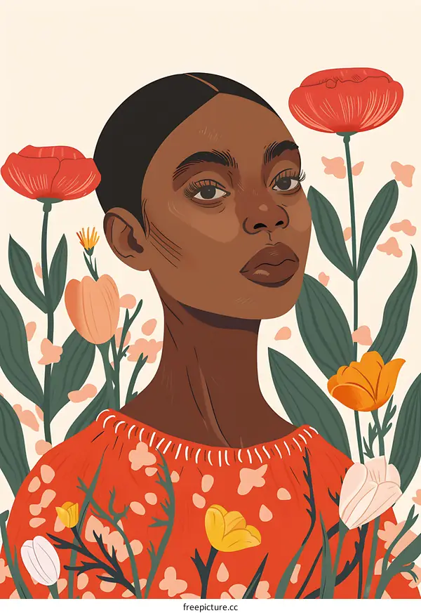 Black Woman in Red Dress with Flowers