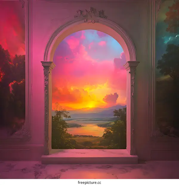 Dreamy Sunset View Through Archway