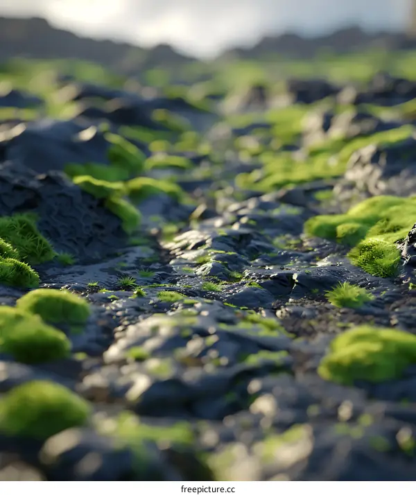 Green Moss on Black Rocks with a Blurry Background