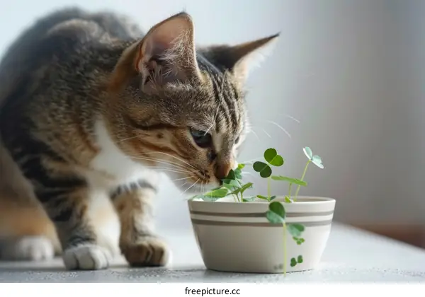 Curious Feline Sniffs at Potted Clover