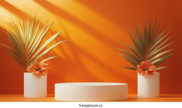 Orange Backdrop with White Display Podium and Tropical Decor