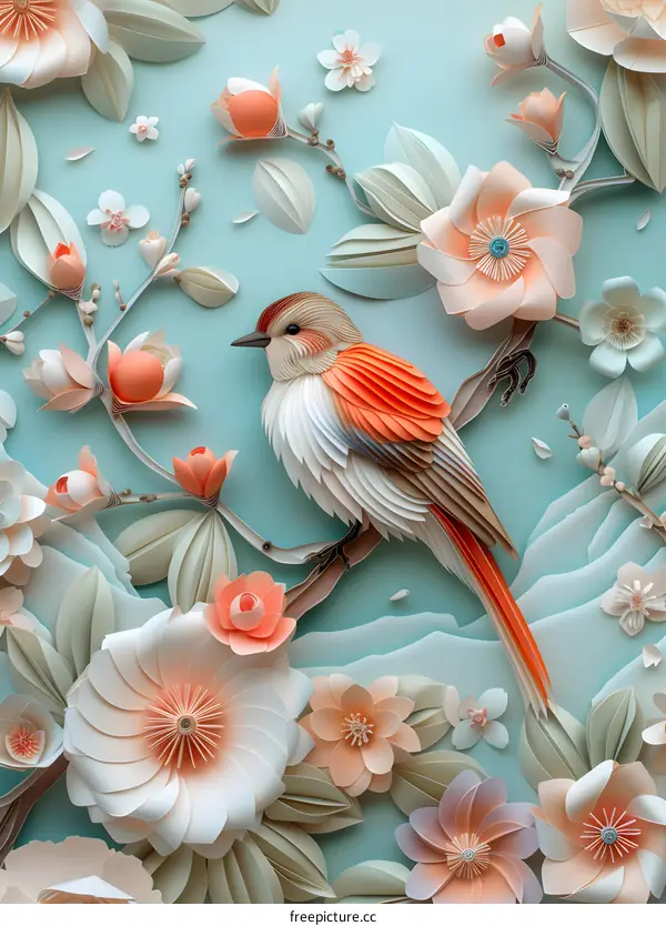 Colorful bird on a branch with flowers