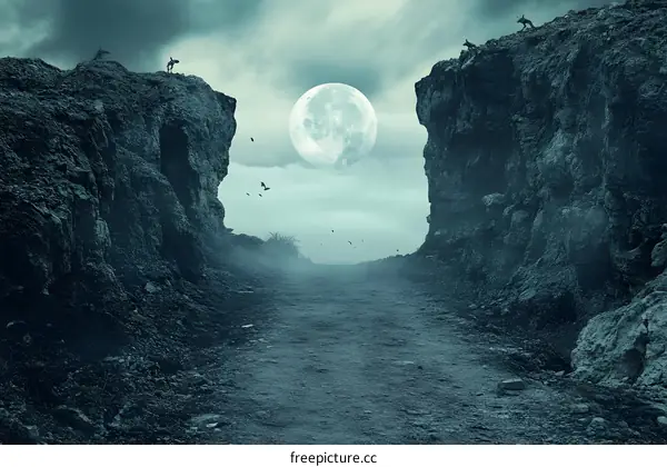 Full Moon In The Mountains With Fog