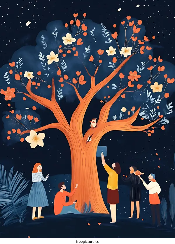 Friends Gathering Around a Tree with Flowers Under a Starry Night