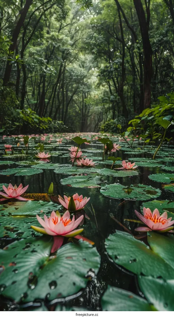 Serene Pink Water Lilies in a Lush Green Forest