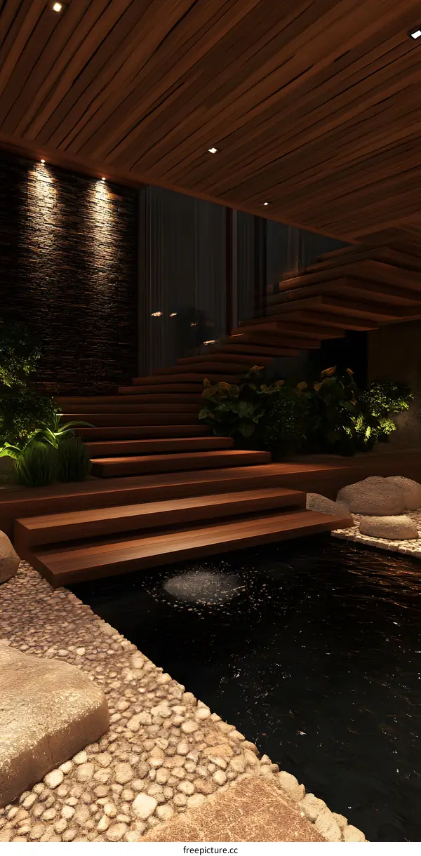 Modern Home Interior Design With Wooden Stairs And Stone Patio