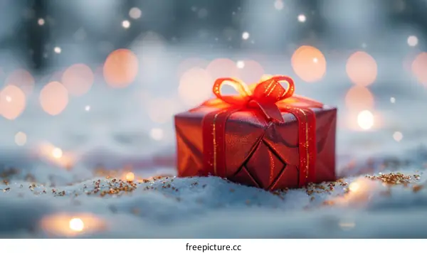 Red and gold gift box with a gold ribbon on snow with blurred lights in the background