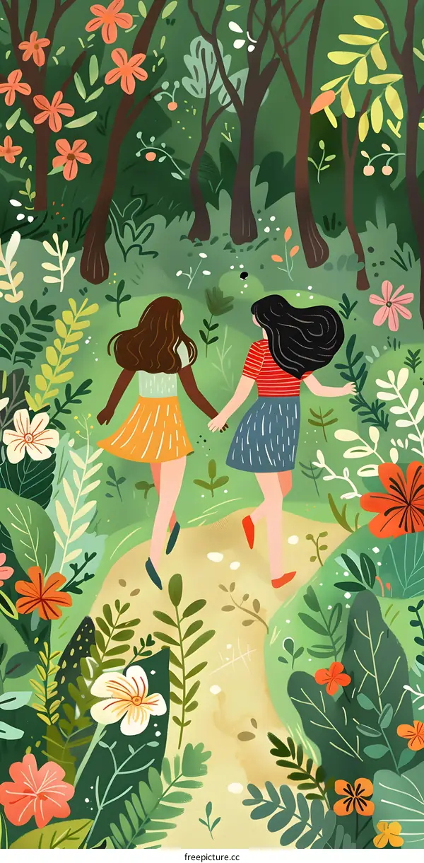 Two Girls Walking Through a Green Forest