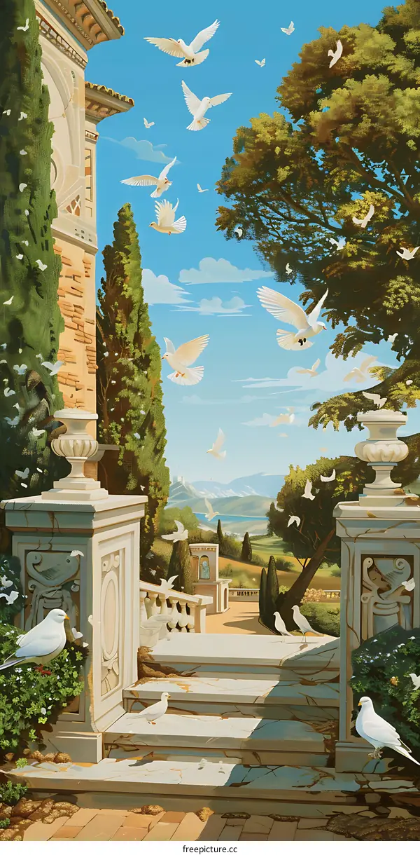 White Doves Flying Over a Stone Garden