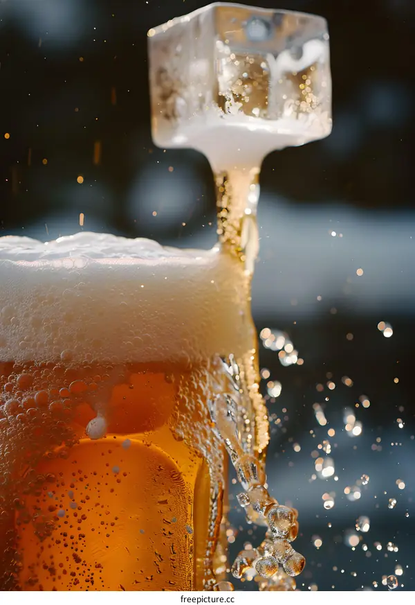 Closeup of Ice Cube Dropping in Beer Glass