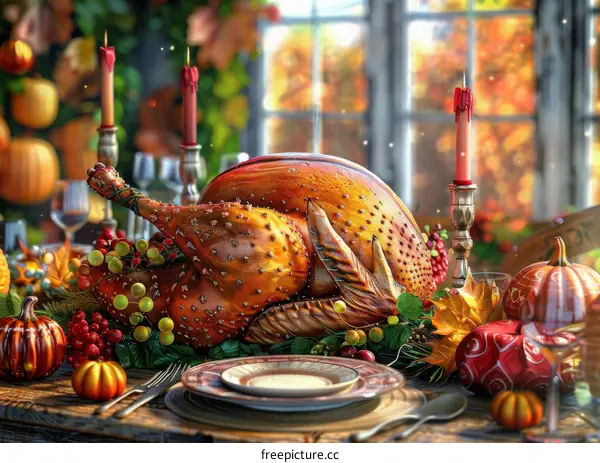 Thanksgiving Dinner Table with Roasted Turkey, Pumpkins and Autumn